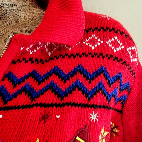 Vintage Red Christmas Snowman Knit Cardigan Sweater Womens Zip Up Holiday Winter - Picture 8 of 16